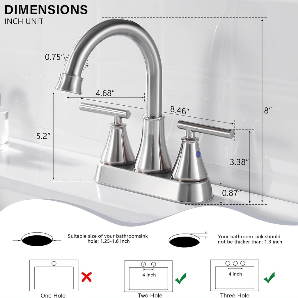 4 Inch 2 Handle Centerset Modern Bathroom Faucet, 360 Degree Swivel Spout 2-3 Hole RV Bathroom Vanity Sink Faucet with Water Supply Lines, Matte Black, Brushed Nickel
