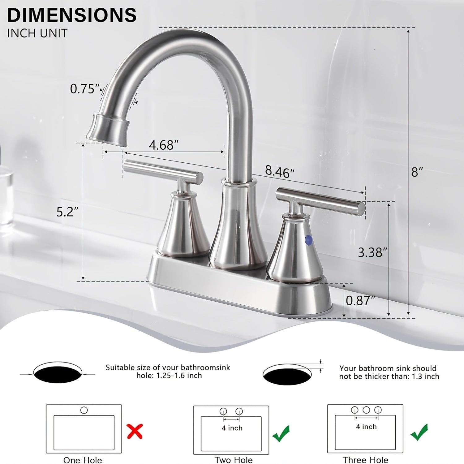 4 Inch 2 Handle Centerset Modern Bathroom Faucet, 360 Degree Swivel Spout 2-3 Hole RV Bathroom Vanity Sink Faucet with Water Supply Lines, Matte Black, Brushed Nickel