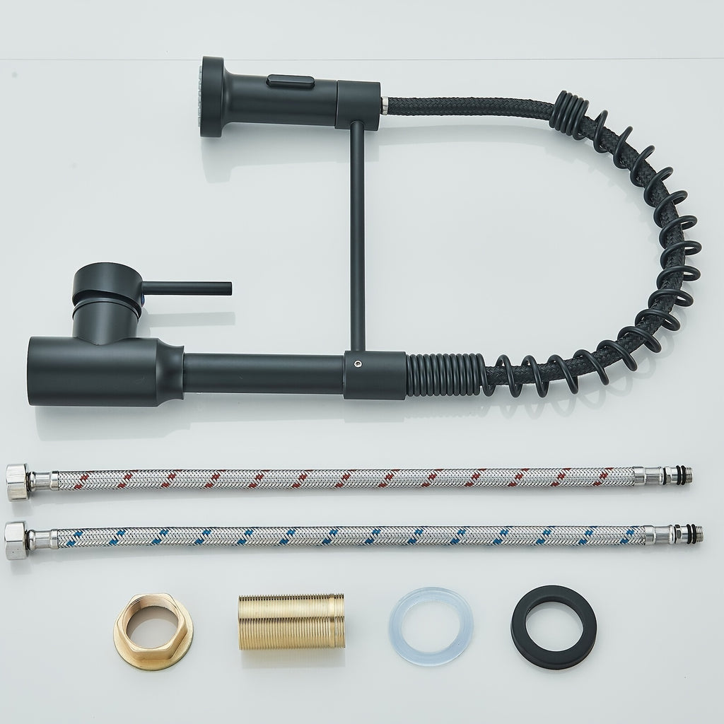 Matte Black Kitchen Faucet Featuring a Pull-Out Spray, Designed for Commercial Use with a Single Handle Lever. This Mixer Tap for The Kitchen Sink Includes a Pull-Down Sprayer with Dual Functions, Available in Matte Black And Brushed Nickel