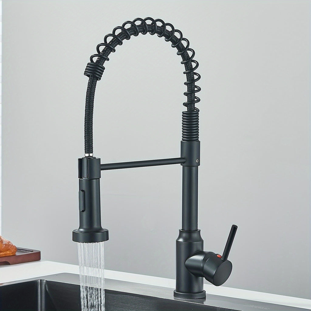 Matte Black Kitchen Faucet Featuring a Pull-Out Spray, Designed for Commercial Use with a Single Handle Lever. This Mixer Tap for The Kitchen Sink Includes a Pull-Down Sprayer with Dual Functions, Available in Matte Black And Brushed Nickel