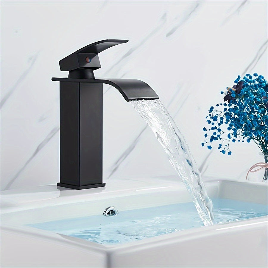 1 Stainless Steel Faucet Washbasin Waterfall Outlet Faucet Bathroom Bathroom Cabinet Single Hole Black Household Hot And Cold Water Faucet