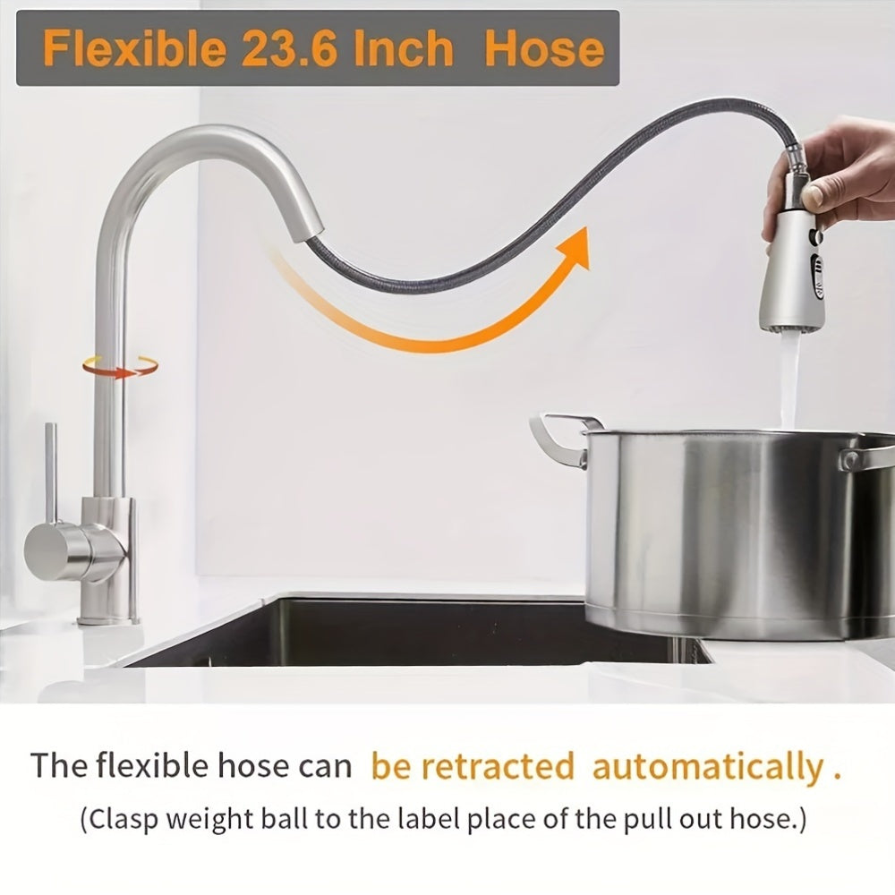 1pc Kitchen Sink Faucet with Pull-Down Spray Single Handle Single Hole High Arc Commercial Stainless Steel Brushed Nickel Kitchen Sink Faucet with Pull Out Sprayer Mixer Tap, Suitable for Bar Laundry RV Farmhouse (Brushed Nickel)