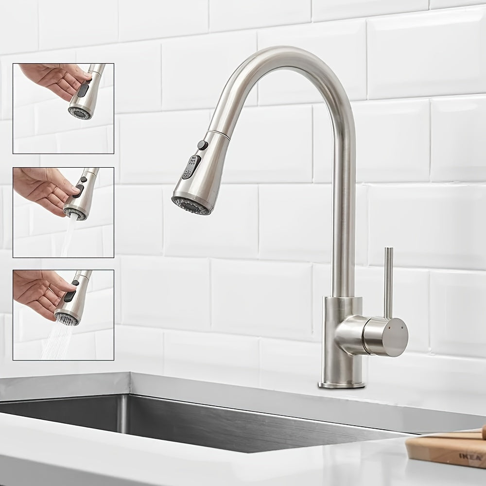 1pc Kitchen Sink Faucet with Pull-Down Spray Single Handle Single Hole High Arc Commercial Stainless Steel Brushed Nickel Kitchen Sink Faucet with Pull Out Sprayer Mixer Tap, Suitable for Bar Laundry RV Farmhouse (Brushed Nickel)