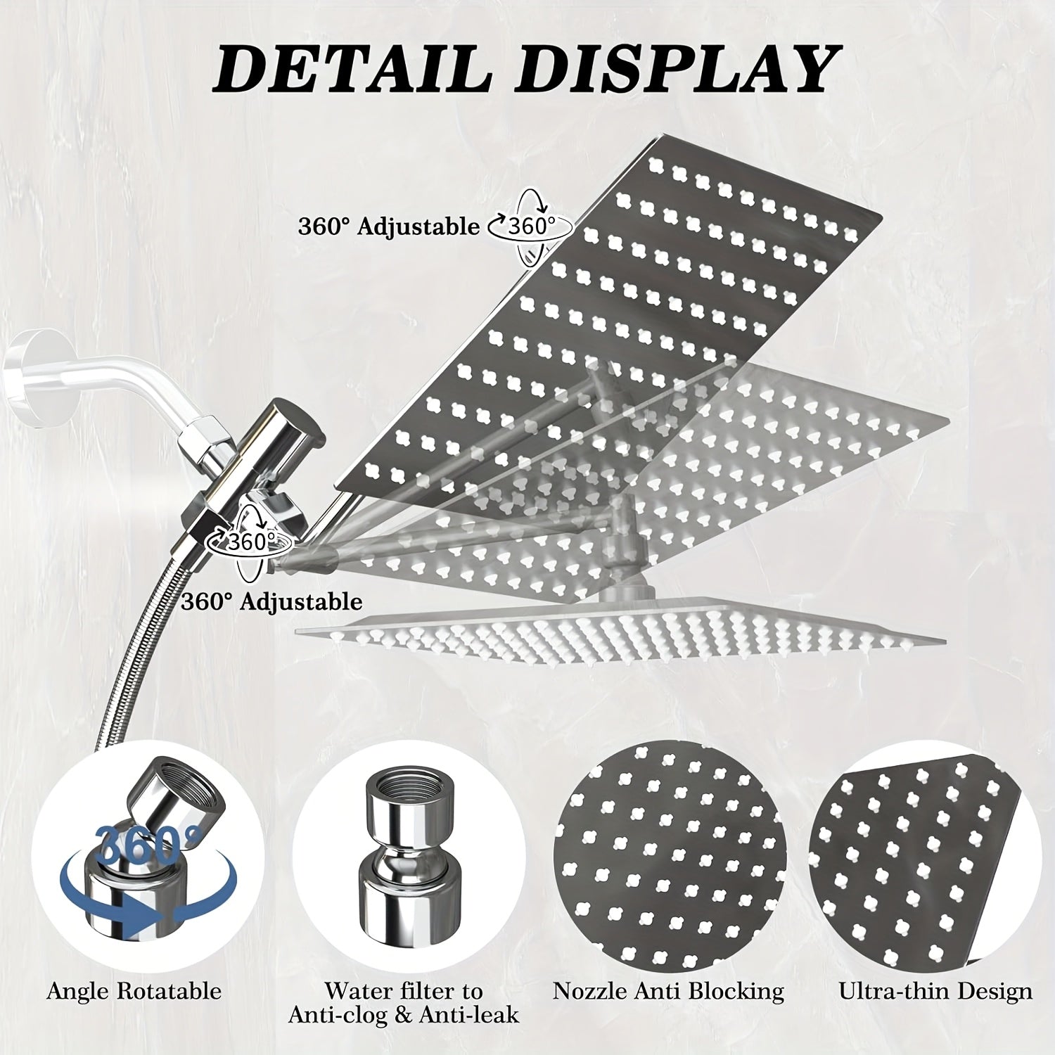 Shower Head, High Pressure Rainfall/Handheld Shower Combo with 11'' Extension Arm, 9 Settings, Anti-Leak Shower Head with Holder, Height/Angle Adjustable, Chrome, Matte Black
