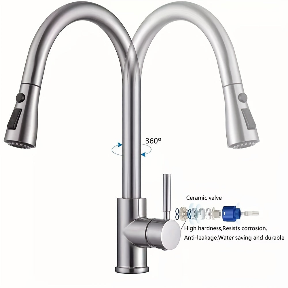 1pc Kitchen Sink Faucet with Pull-Down Spray Single Handle Single Hole High Arc Commercial Stainless Steel Brushed Nickel Kitchen Sink Faucet with Pull Out Sprayer Mixer Tap, Suitable for Bar Laundry RV Farmhouse (Brushed Nickel)