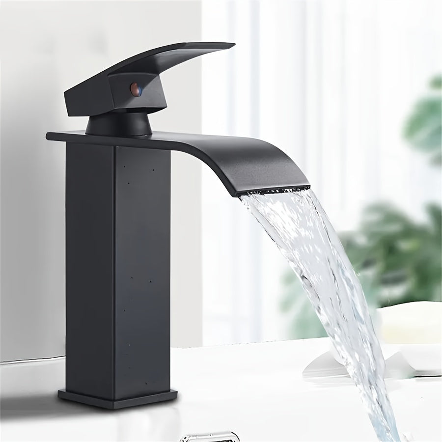 1 Stainless Steel Faucet Washbasin Waterfall Outlet Faucet Bathroom Bathroom Cabinet Single Hole Black Household Hot And Cold Water Faucet